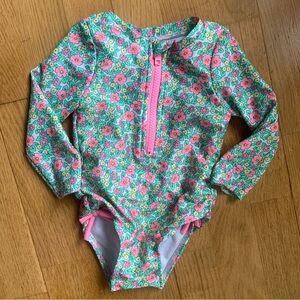 Cat & Jack Girls' Floral Long-Sleeve Rashguard Swimsuit in Hot Pink & Green, 12M